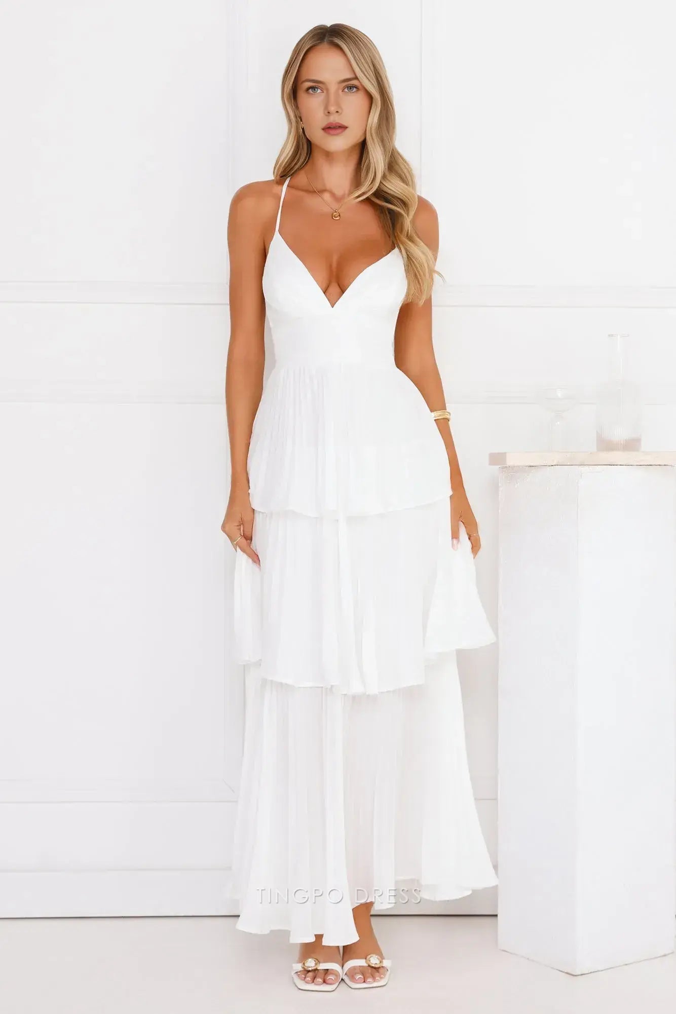 Tiered Pleated Maxi Dress with Criss - Cross Back Prom Dress